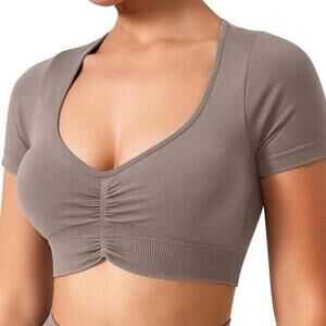 NWT TAYOEA Women's Workout Yoga Short Sleeve Crop Top, Dust, XS (0-2)